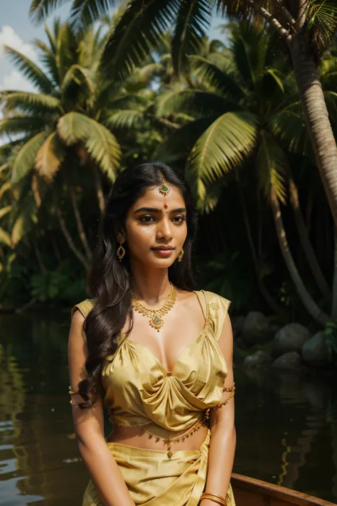 (Masterpiece: 1.1), Beautiful Kerala-type girl, (s2), soft features, long wavy black hair, (shimmering in the sunlight: 0.8), golden complexion, (smiling sweetly: 0.5), traditional Indian attire, intricate patterns, vibrant colors, (intricate jewelry: 1.2)...