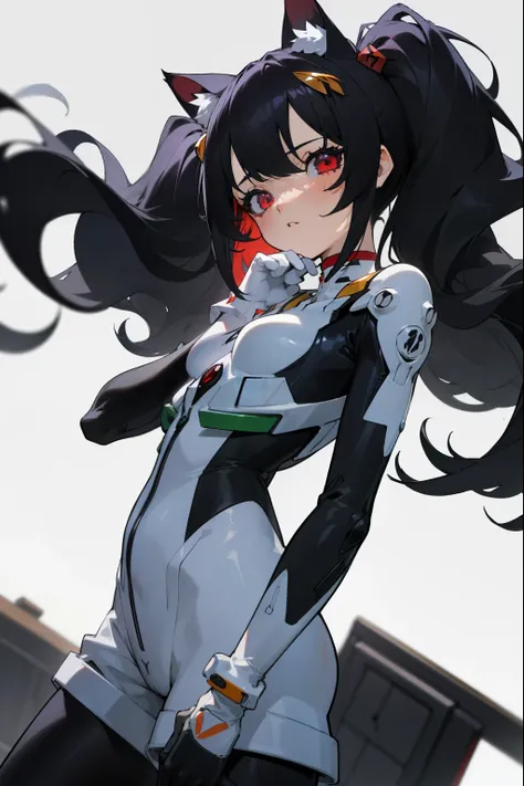 ,((long hair slightly wavy slightly past the shoulders, black bangs, small black pigtails on the sides, cute cat ears, beautiful thin red eyes,)),reiayanami, Rei Ayanami, pelo azul, pelo largo, (ojos rojos:1.5),
ROMPER bodysuit, headgear, traje enchufable,...