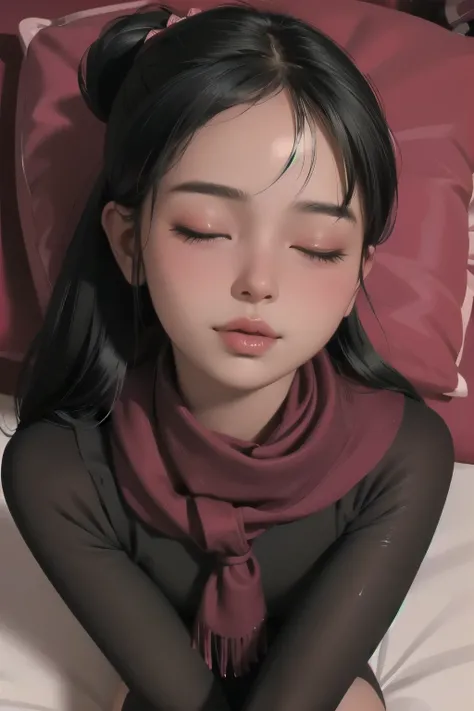 Sexy woman, black hair tied in a bun, smokey eyes, eyeliner, glossy lips parted, blushing intensely, smiling, wearing maroon kurta pajama with maroon sheer shawl, lying on bed, head on pillow, facing up