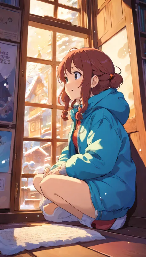 cure，Reject EMO，Very happy，Very happy，Face life with a smile，Sunlight，long hair，down jacket，Cloud commissary，Cloud pillows，It&#39;s snowing outside the window，Large floor-to-ceiling windows，snowflake，read a book