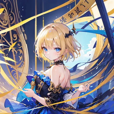 ((a girl)), gold hair, blue eyes, ((portrait)), ((short hair)), ((Off the shoulders)), idol costume