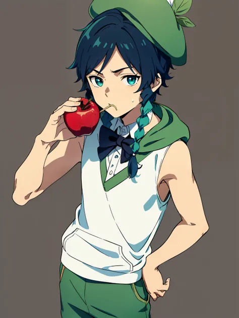 Highres, Masterpiece, Best quality at best,Best Quality,hight quality, hight detailed, 1boy, Venti, solo, Young boy, medium hair length, braids, dark blue hair color, cyan highlights in hair, calm expression, kind expression, Simple background, detailed ey...
