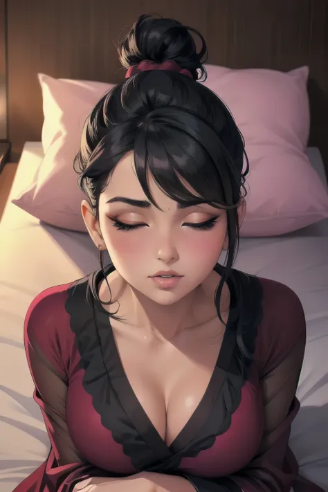 Sexy woman, black hair tied in a bun, smokey eyes, eyeliner, glossy lips parted, blushing intensely, flustered, lustful, wearing maroon kurta pajama with maroon sheer shawl, lying on bed, head on pillow, facing up