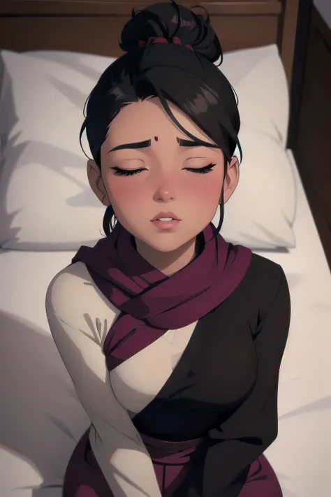 Sexy woman, black hair tied in a bun, smokey eyes, eyeliner, glossy lips parted, blushing intensely, flustered, lustful, wearing maroon kurta pajama with maroon sheer shawl, lying on bed, head on pillow, facing up