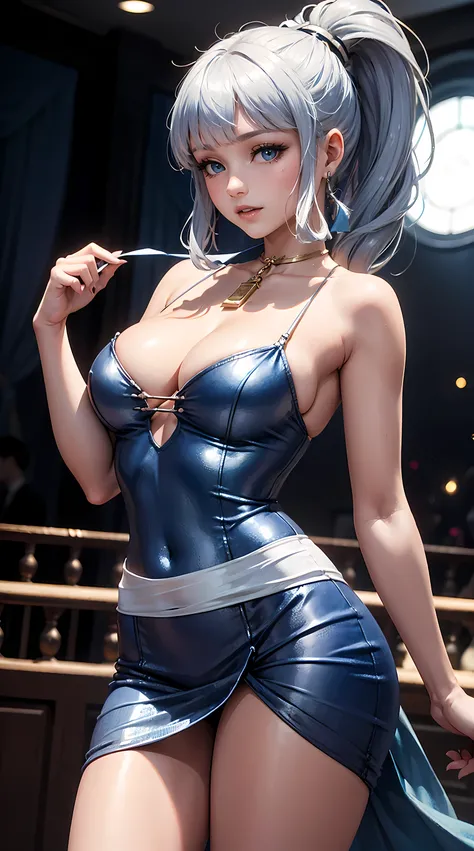 Beautiful bluish silver hair girl is shown to have a tiny figure, blue eyes, ponytail, happy look, she is wearing a beautiful sexy dress, girl standing in a gala ballroom, sexy session, putting her hands on her waist, poseing, exposed cleavage, close up sh...