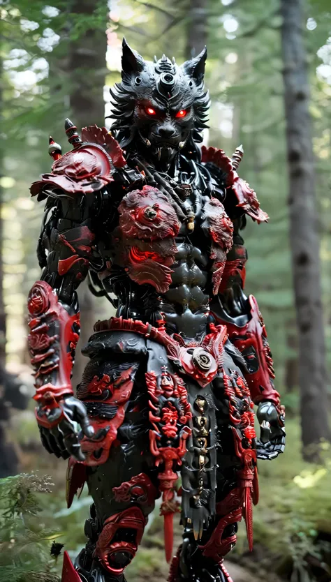 forest、Black smoke is rising、A cyborg samurai-like creature with the head of a wolf、eyes are shining、 whole body、(Red and Black)、FW Murano style, vibrant color blast, incredibly detailed, dark, Key Visual, in the atmosphere, very realistic, high detail tex...