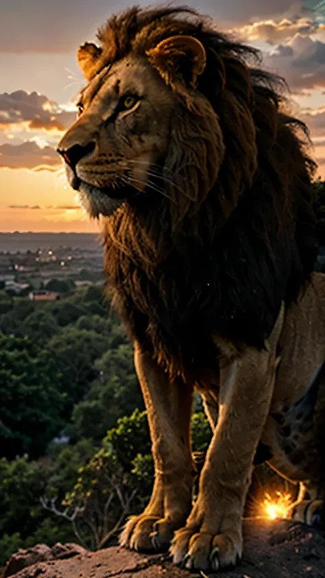 (a)close-up,(a)lion king,(a)standing on the edge of a cliff,(a)epic heroic pose,(a)power,(a)against the sunset,(a)savannah,(a)ultra-realistic,(a)cinematic,(a)dark theme