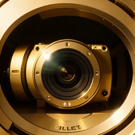 Creat a logo with a camera inside a cicle with a gold color