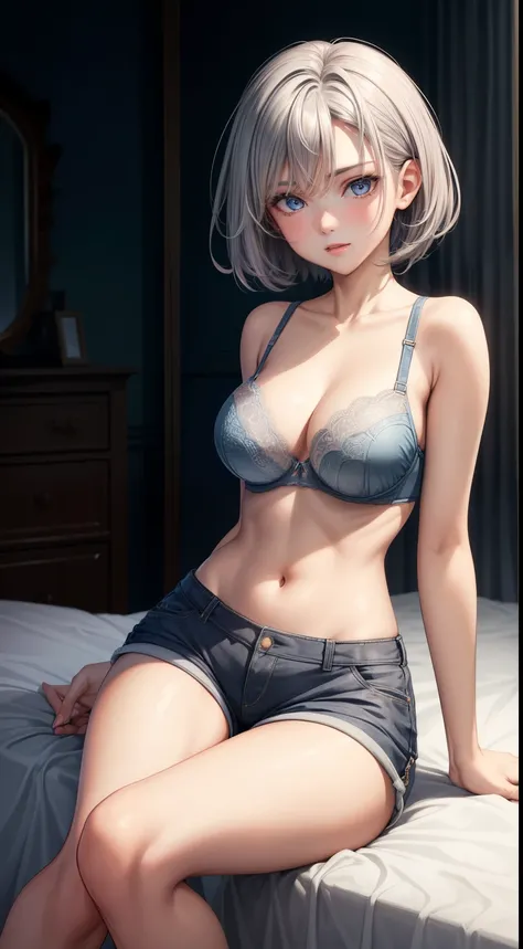 masterpiece, highest quality, high resolution, 1 girl, gray hair, short hair, blue eyes, medium breasts,((shorts,bra)), Idol Master,anastasia,((Sit on the bed,Bedroom)),(((sexy))),