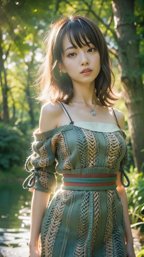 Lakeside park with sunlight shining through the trees, (summer knit dress, moe sleeve),  japanese girl, , skinny body, flat chest, extremely grim face face, extremely ultra detailed face, extremely ultra real skin, extremely ultra detailed eyes, extremely ...