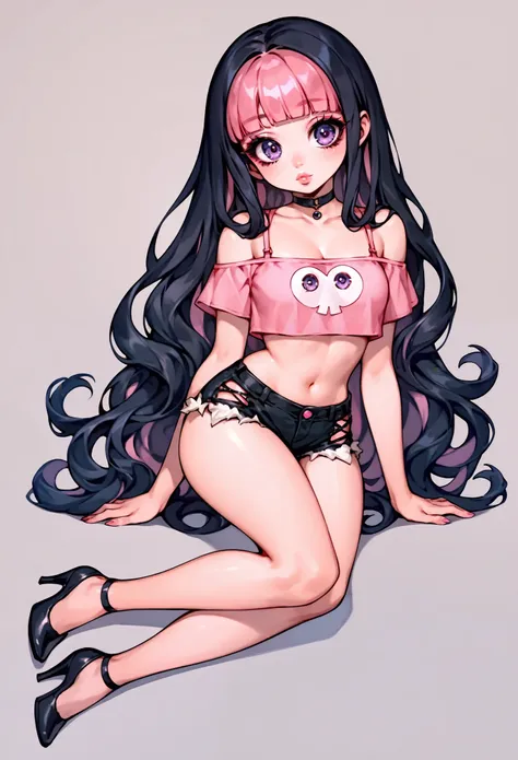 score_9, score_8_up, score_7_up, 1girl, ((full body)), ((curvy)), (((cute face))), long hair, bangs, black pink hair, ((black an...