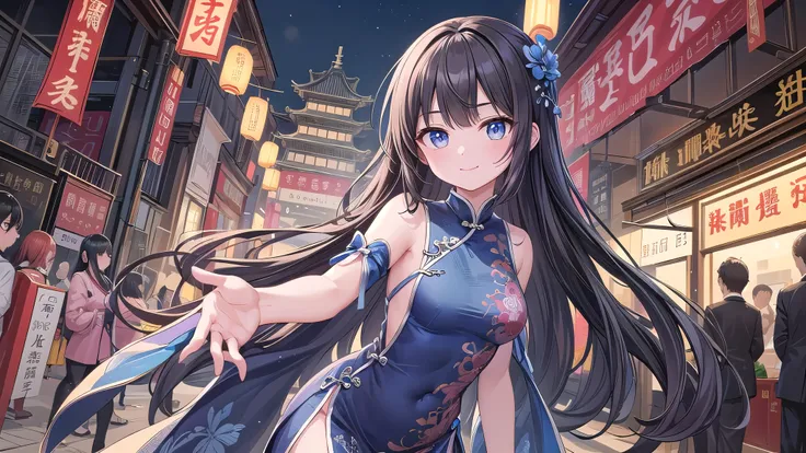 woman１limit, /(A vibrant blue Chinese dress with delicate embroidery/), 成熟したwoman, /(black髪ロング/) bangs, gentle smile, (Masterpiece of the highest quality:1.2) Delicate illustrations super detailed, night,,eye color/black,Chinatown, (Explore the city),detai...