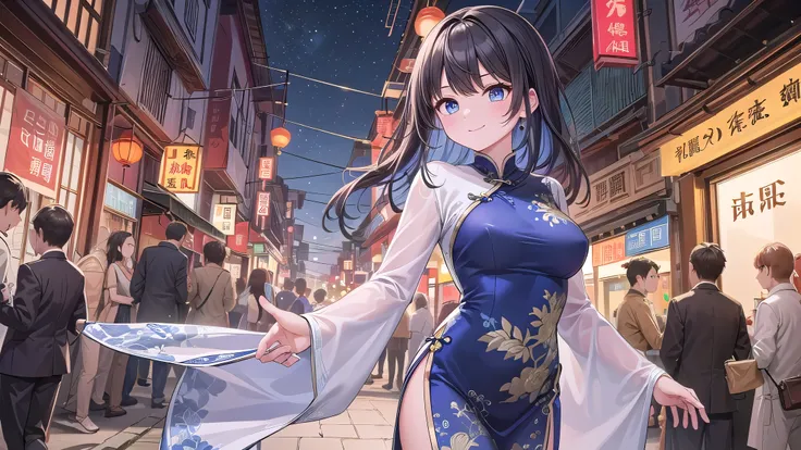 woman１limit, /(A vibrant blue Chinese dress with delicate embroidery/), 成熟したwoman, /(black髪ロング/) bangs, gentle smile, (Masterpiece of the highest quality:1.2) Delicate illustrations super detailed, night,,eye color/black,Chinatown, (Explore the city),detai...