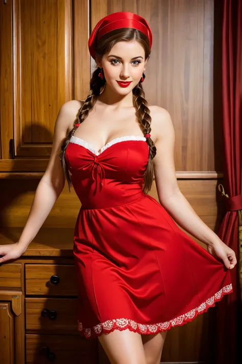 playful beautiful pin-up girl in a beautiful red dress in Ukrainian style in stockings, retro hairstyle with braids and bandanas