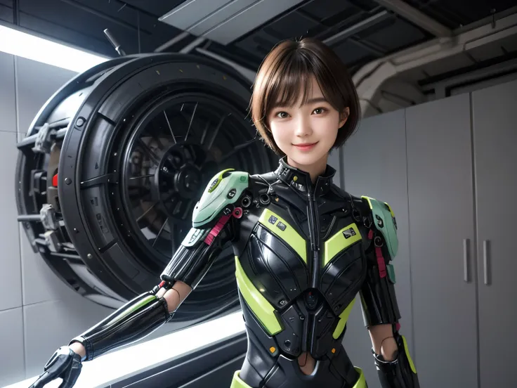 207 Short Hair, 20 year old female, Floral, gentle smile, futuristic clothes, mechanical suit