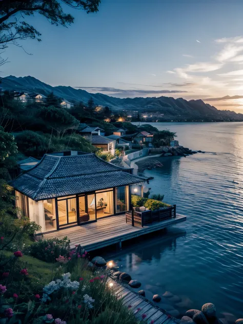 cottage、on the water、villa、beautiful、fashionable、one side is water、ocean view、水上cottage