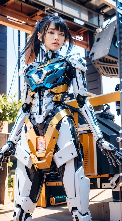 (best quality:1.2), 8k, highres, octan render, (masterpiece), extremely ultra detail, cyborgized Japanese woman, extremely ultra cute face, , skinny body, flat chest,  (blue metallic mechanical frame:1.5), (Power cables connected throughout the body), deta...