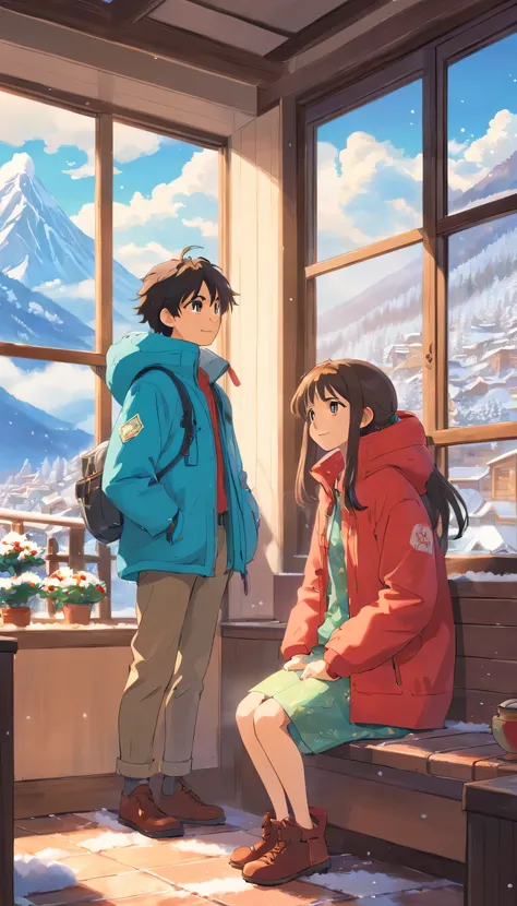 a boy and a girl，（Delicate facial features1:3）Perfect body proportions1.1. Cure，Reject EMO，Very happy，Very happy，Face life with a smile，Sunlight，long hair，down jacket，Cloud commissary，Cloud pillows，It&#39;s snowing outside the window，Large floor-to-ceiling...