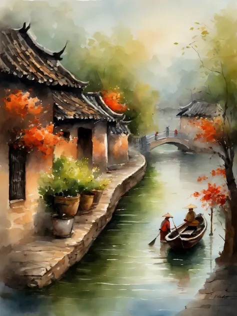 .Jiangnan Water Town, China，A drizzle，Peach willow green，Small bridge and flowing water，Ancient Town and Alley，Bluestone path，The boat swayed，Leaving ripples，People walking on the cobblestone road with umbrellas