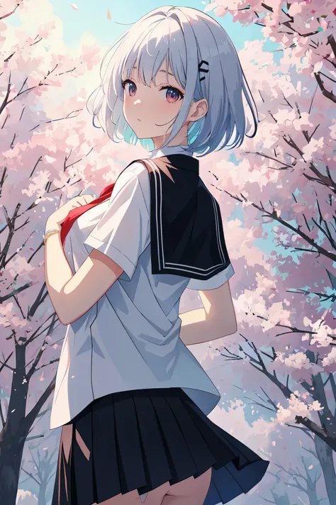 [[anime style]]、[[digital art]]、[[WLOP]]、A female college student wearing a white short-sleeved blouse、[[Short Chanel]]hair、[[Cherry tree]]forest background、Cloudy、Neutral lighting、[[Little lighting]]、The wind blows and lifts my skirt, A glimpse of underwe...