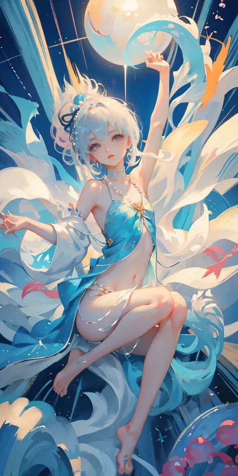 （Luo Tianyi），a girl、a baby face、Very cute、slim and beautiful、((small :1.2))、eyes well drawn、charming eyes、double tail、Wear jewelry and pearls around your neck，Transparent openwork、Deep V、Crystal Pearls、在Wear jewelry and pearls around your neck，white hair, ...