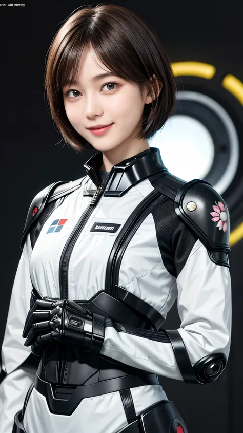 207 Short Hair, 20 year old female, Floral, gentle smile, futuristic clothes, mechanical suit