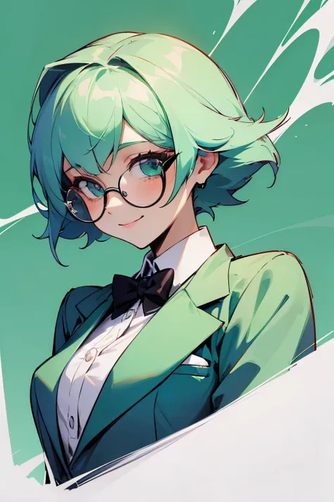 Top quality, 1 beautiful woman, pastel green hair, black rim glasses, pastel green background, smiling, wearing a suit, upper body