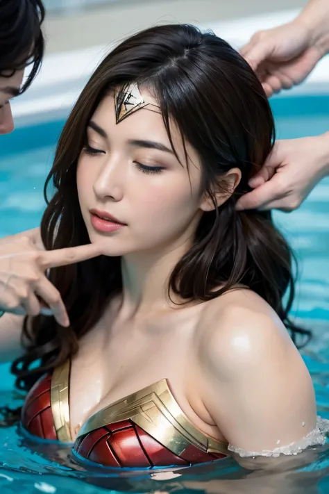 in water,perfect wonder woman costume,having your head held down under water,being submerged in a pool,drowning in the pool,face...