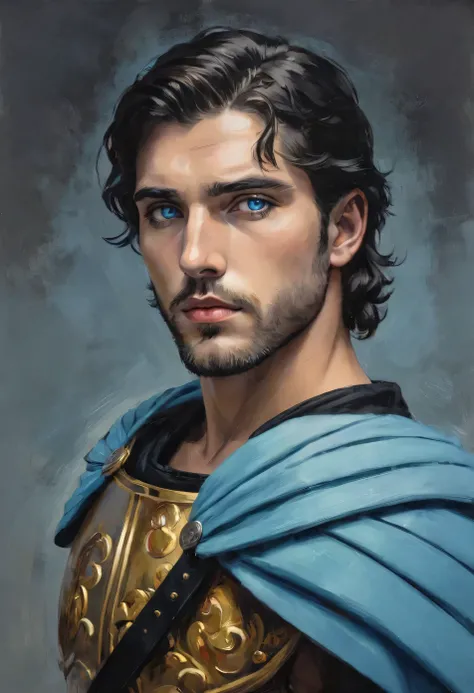 chiaroscuro technique on impressionist illustration of an masculine, 26-year-old Italian male model, handsome Roman, he is the god of war, he is Ares, Mars, evil-looking, strong look, light blue eyes, strong jawline, dressed as a gladiator, ancient gladiat...