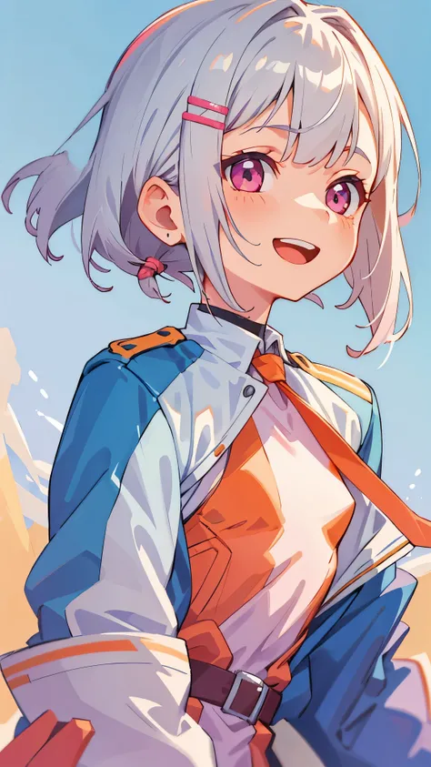 １girl、16歳のgirl、riders jacket、small breasts、Silver hair and short bob hairstyle、Tie your hair up with a hair clip、Beautiful pink eyes、smile、open your mouth and laugh、From the side、blue and orange tones、upper body close-up