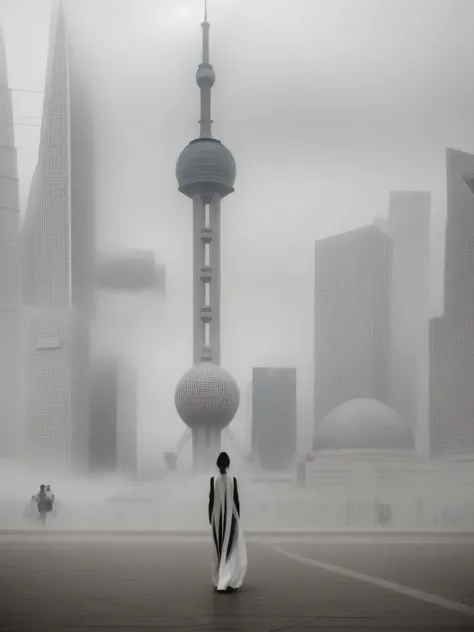 Minimalist photography，High-key photography。black and white photography，high definition，arafed image of a woman walking in a FOGgy city, FOGgy dystopian world, Black and white matte, FOG, Fan Hao Photography, city FOG, in a future city, feng zhu |, by Chen...