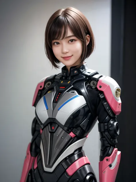 207 Short Hair, 20 year old female, Floral, gentle smile, futuristic clothes, mechanical suit