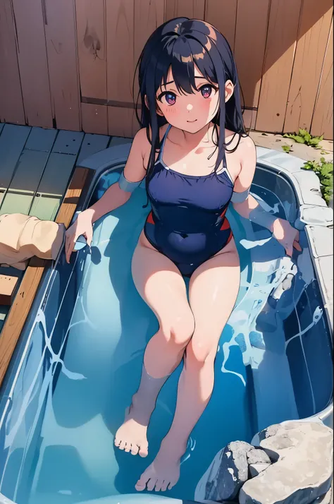 Countryside hot spring inn　open-air bath　A spacious cypress bath　night　elementary school girl　8-year-old　flat chest　black hair　long hair　The eyes are purple　（（1 person））　Navy blue old school swimsuit　Are standing　The tips of the feet are in the bathtub　湯気が...