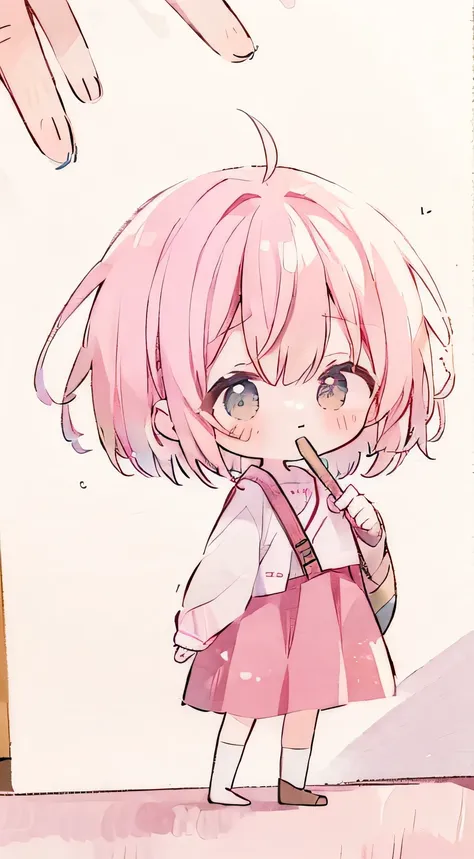 chibi、pink military uniform、skirt、ribbon、clear face、happen、droopy eyes、put your hands on your hipasterpiece、best image quality、h...