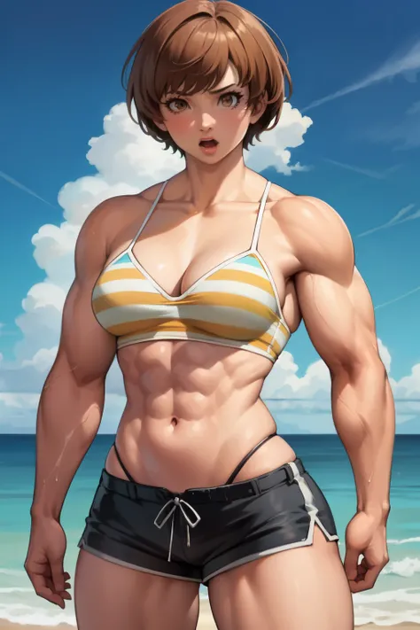 masterpiece, best quality, beach, looking at viewer, blue sky
chiep4, chieswimsuit, shorts, bikini, striped, midriff  , ((big breasts:0.8)),weak muscular ,(( thin) ((sexually aroused )) strong ,   ((hyper muscular:0.8 )) Medium bust   , surprised
 
