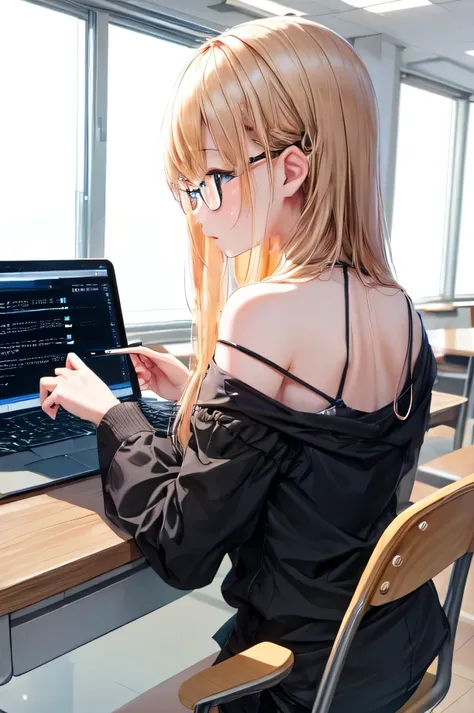  white background,, very detailed, head, Upper body, breathtaking, sharp focus, glass art, computer、typing、student、concentrated、lecture、University、machine、Chair、computer take、Notebook computer、During class、Large lecture room、student、study、University studen...