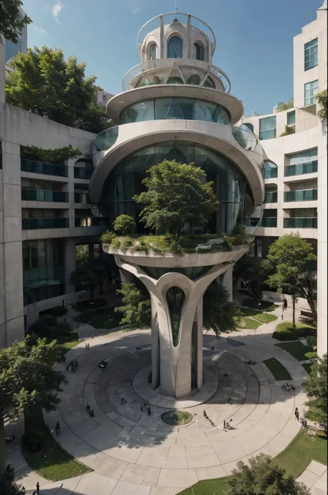 A building with museum and commercial functionality, with vertical perspective and the layout of the building and spaces in the shape of the tree of life, 3 entrances in the southern part of the building in the shape of a small circle that connect to a ver...