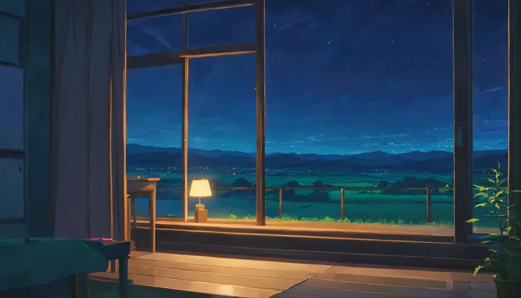 Night view of the Japanese countryside reflected outside the window，