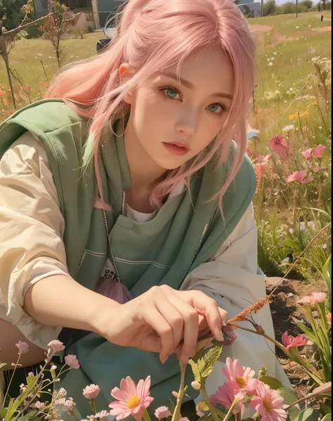 Pretty girl, ( Green eyes 3.1 ) pink hair,long hair