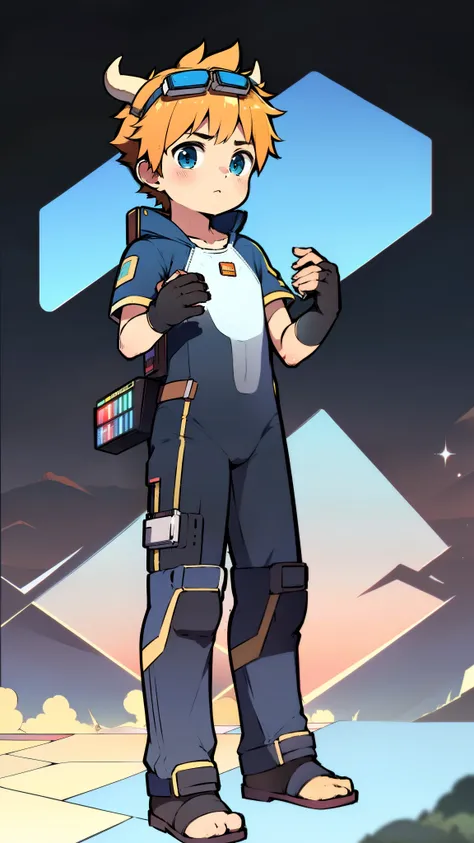 ((A young boy))，(Youthful feeling)，one piece mountaineering suit，There are horns on the head，slender figure，goggles，fingerless gloves，cotton socks，short sleeves，stand up