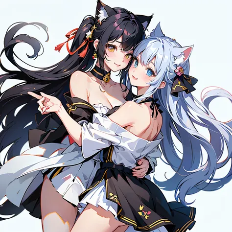 (highest quality, masterpiece, High resolution)、(anime art)、,cinematic light、soft light、two girls、some girls、black hair、Black cat costume、White Cat Costume、Tabby cat costume、Striped cat costume、Persian Cat Costume、3-color cat costume、(loose t-shirt)、loose ...