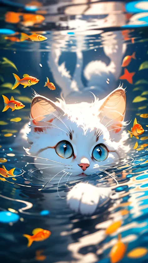 cute white kitten，shaggy，realistic，best image quality，water reflection，blue eyes，small red fish，eyeliner