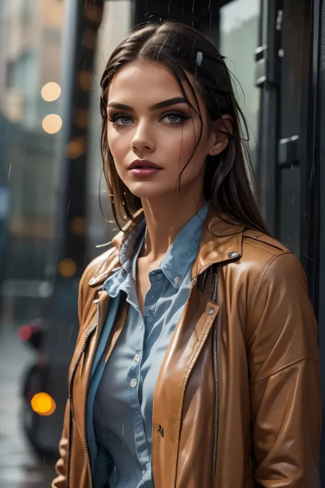 Solo women standing, 16 years of age, waiting for her school bus, standing in the rain,  transparent clothing, wet, wet hair, eyes looking at the viewer, make up running down her face, eye liner, 