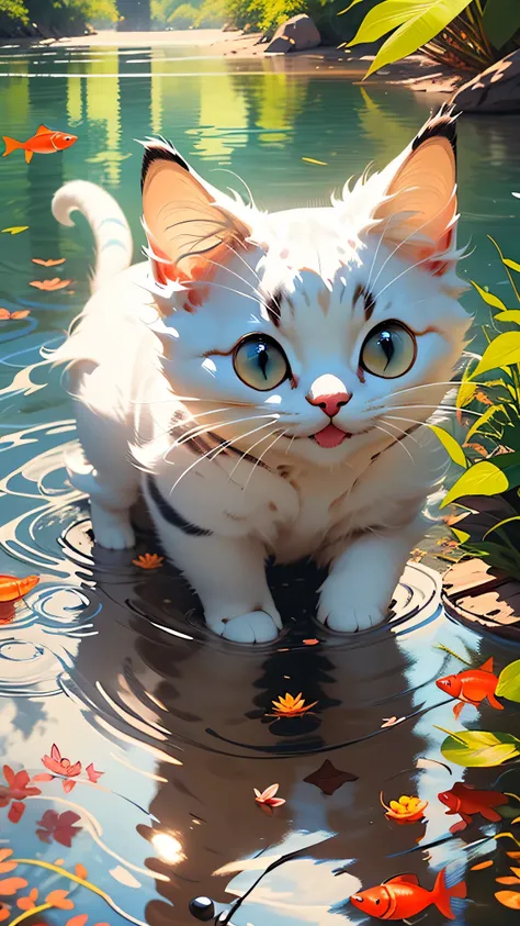 cute white kitten，shaggy，realistic，best image quality，water reflection，blue eyes，small red fish，eyeliner