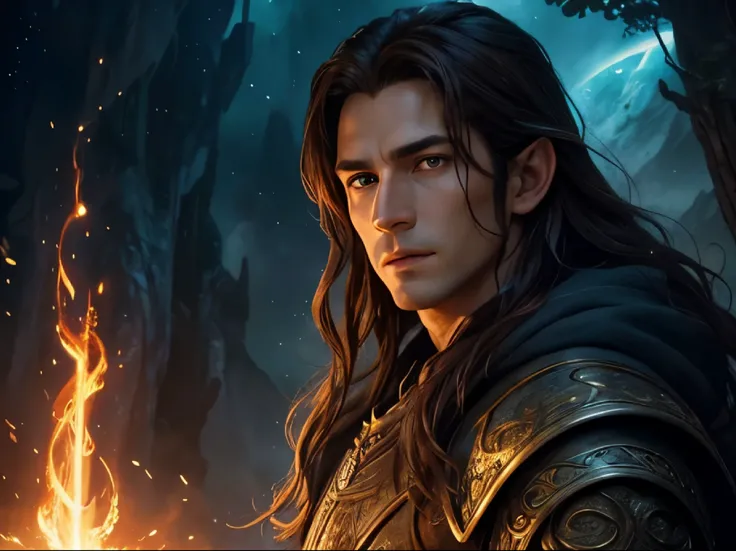 movie promotional art, middle earth, movie artwork, illustration, handsome guy with brown hair, big beautiful eyes, beautiful celestial mage, beautiful avatar pictures, vibrant colors, vivid lighting, (photorealistic,realistic:1.37), (best quality,masterpi...