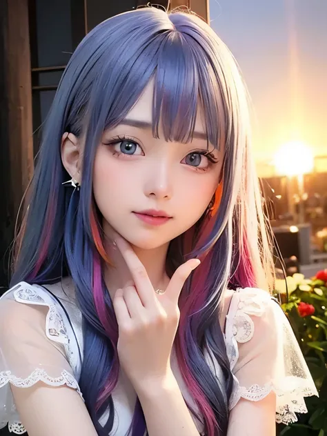 small face、 Fingers expressed in character、Super detailed,bright colors, very beautiful detailed anime face and eyes, look straight, shiny_skin,girl, (((rainbow colored hair, colorful hair, Half blue、half red hair: 1.2))), 、shiny hair, delicate beautiful ...
