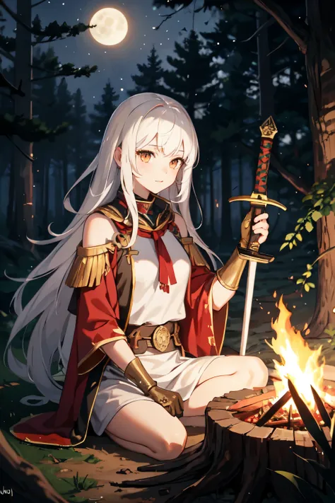 1girl, warrior clothes, white hair, long hair, gold eyes, sword stained with blood,  forest, night, camp, campfire, (detailed), moon, stars, girl sitting on a log, handkerchief in hand