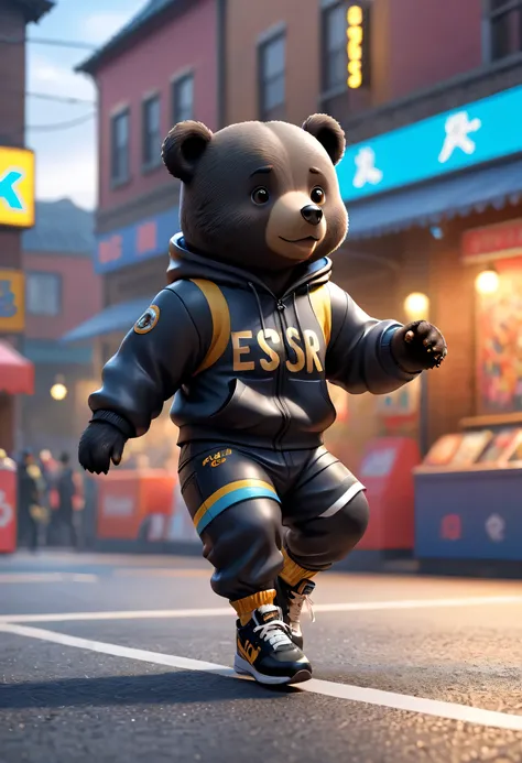 Full body Esbian、Cool black bear、Pop Black Bear、Diorama、simple background、Street Dancer Fashion、best quality, Capture super cute moments, Depth of the bounds written, Super detailed, Super high resolution, octadale, 8K, 16 km race