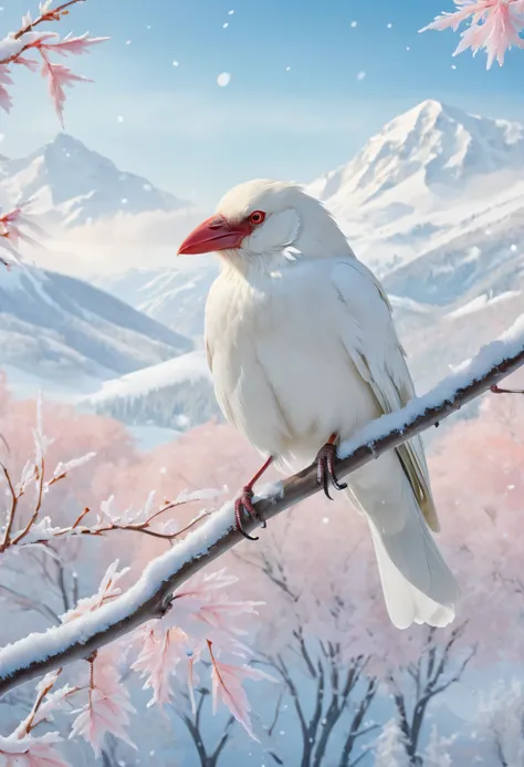 （best quality，masterpiece：1.2），Super fine，An albino crow perched on a frost covered branch，A pair of sharp red eyes，Pink beak，winter wonderland，Whimsical snow scene，Crystal clear icicles hang from the trees，The background is majestic snow-capped mountains，...