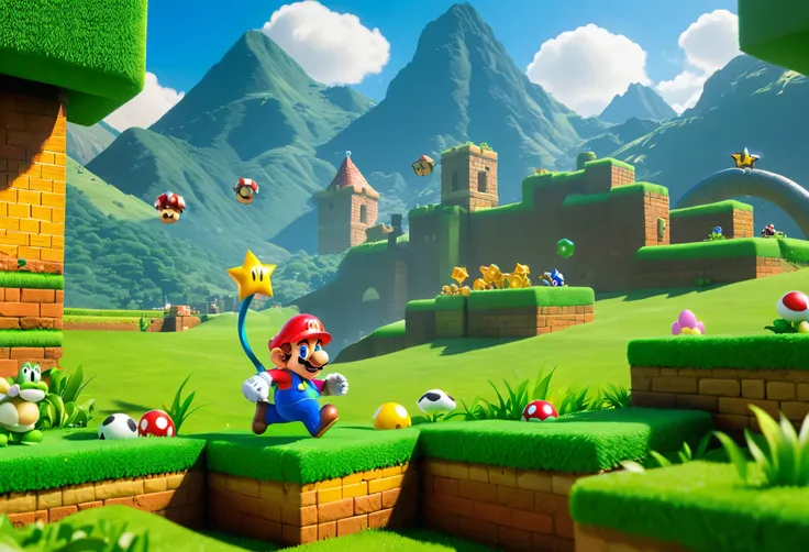 （（magia+fantastical))，super mario bros style）super mario, popping and jumping in his animated world of green grass and colorful ...